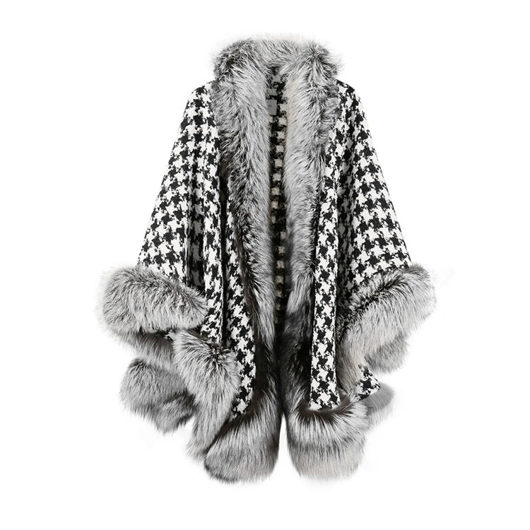 ZADORIN Autumn Winter Luxury Faux Fur Coat Women Elegant Houndstooth Tweed Warm Big Poncho Fur Shawl Cape Women Party Outerwear