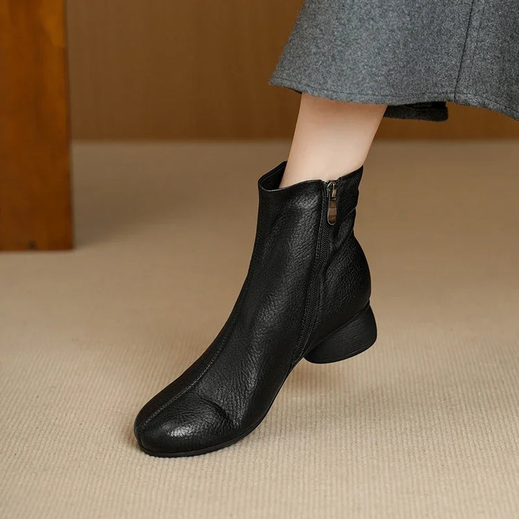 Women's Shoes Sheepskin Round Toe Side Zip 2027 Autumn Ankle Boots 4.5cm Thick Med Heel High Quality Soft Casual Short Booties