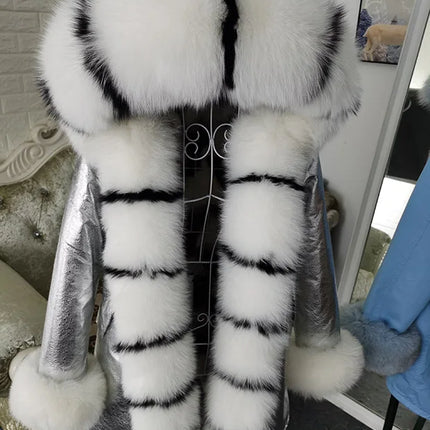 Winter Long Jacket Real Fur Coat Women Clothes Large Silver Fox Fur Collar Detachable Natural Fox Lining Parkas Leather Fur