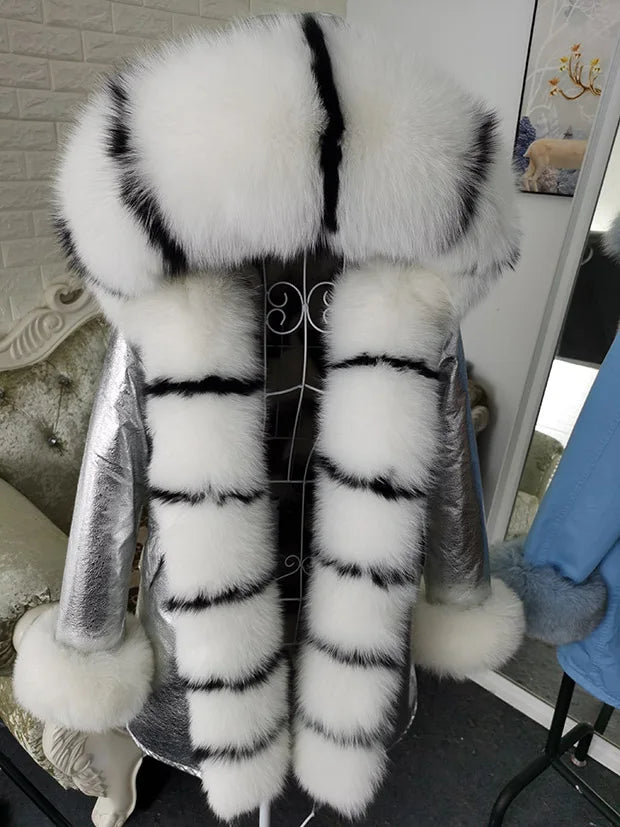 Winter Long Jacket Real Fur Coat Women Clothes Large Silver Fox Fur Collar Detachable Natural Fox Lining Parkas Leather Fur