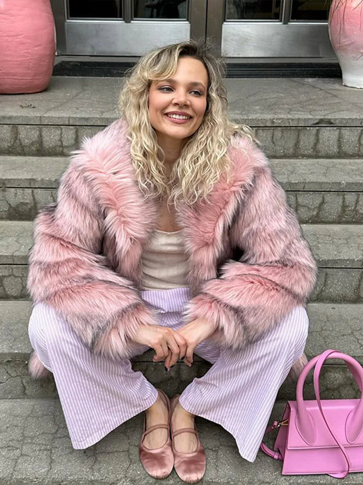 ZADORIN Luxury Winter Fur Coats Woman Plush Long Faux Fur Coat Lapel Fluffy Pink Fur Jacket Woman Fur Faux Coat Loose Outerwear