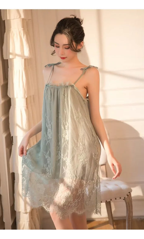 Camicia da Notte Sexy in Pizzo da Donna, Abito Sottoveste in Raso con Spalline Sottili, Chemise Senza Schienale, Babydoll, Lingerie Estiva Calda per la Casa