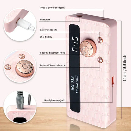 Electric Nail Drill - 45000RPM Portable Nail Drill-Rechargeable Nail E-File Kit With 6 Bits & Base-LED Screen-Ultra-Silent