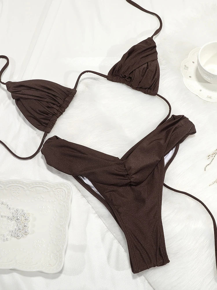 Costume da bagno bikini con pieghe sexy Micro bikini solido Costume da bagno donna Triangolo femminile Costume da bagno da spiaggia platinumshop