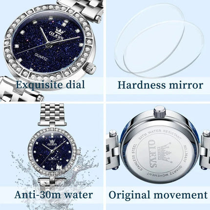 OLEVS 3641 Elegante orologio al quarzo da donna impermeabile Quadrante stellato luminoso in acciaio inossidabile con confezione regalo - Accessorio alla moda da donna platinumshop