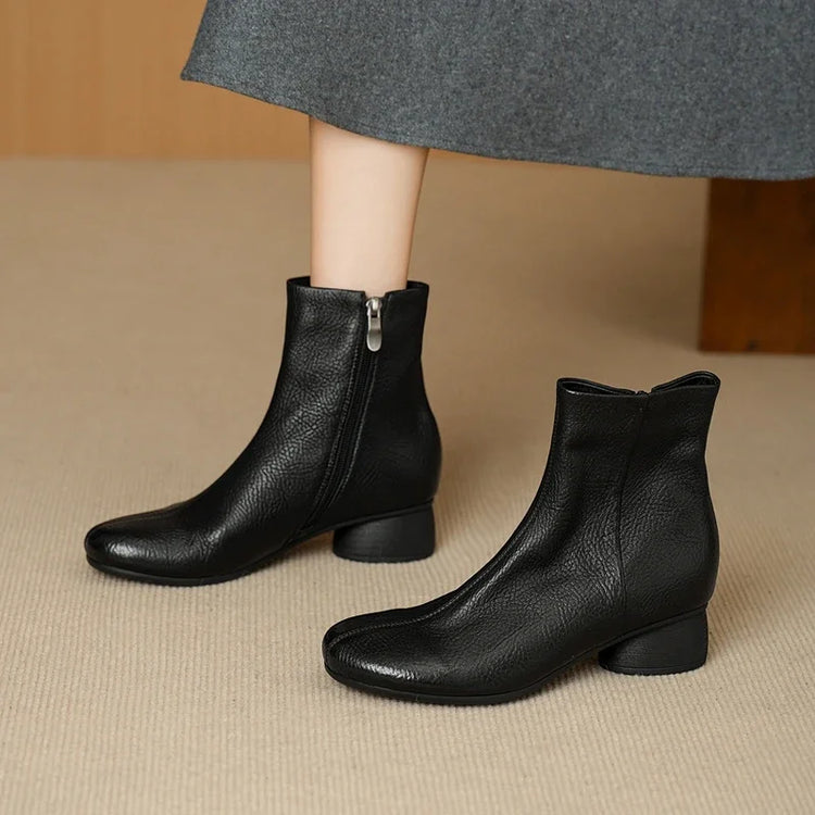 Women's Shoes Sheepskin Round Toe Side Zip 2027 Autumn Ankle Boots 4.5cm Thick Med Heel High Quality Soft Casual Short Booties