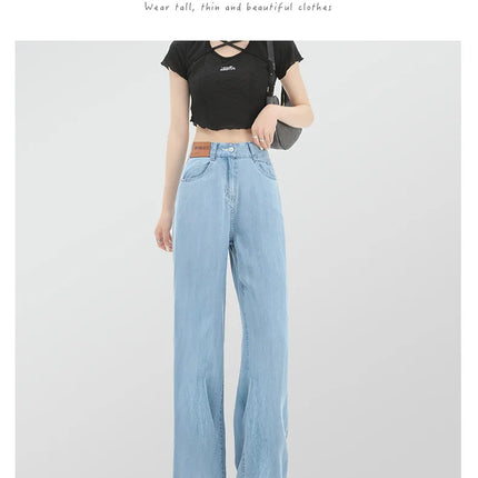 Jeans estivi donna seta ghiaccio vita alta blu sciolto moda coreana semplice tempo libero tutto-fiammifero quotidiano gamba larga elegante Trendy Chic