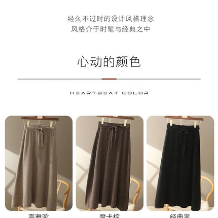 Autumn And Winter100% Pure Wool Skirt Women's Long Pocket Small A Skirt High Waist Slim Cashmere Knit A-Line Skirt PlatiNum