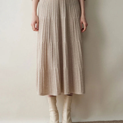 Autumn Winter Women Tiered Skirt Cashmere A-line Pleated Skirt Elastic Waist 100% Cashmere Knitted High Quality Soft Solid Dress PlatiNum