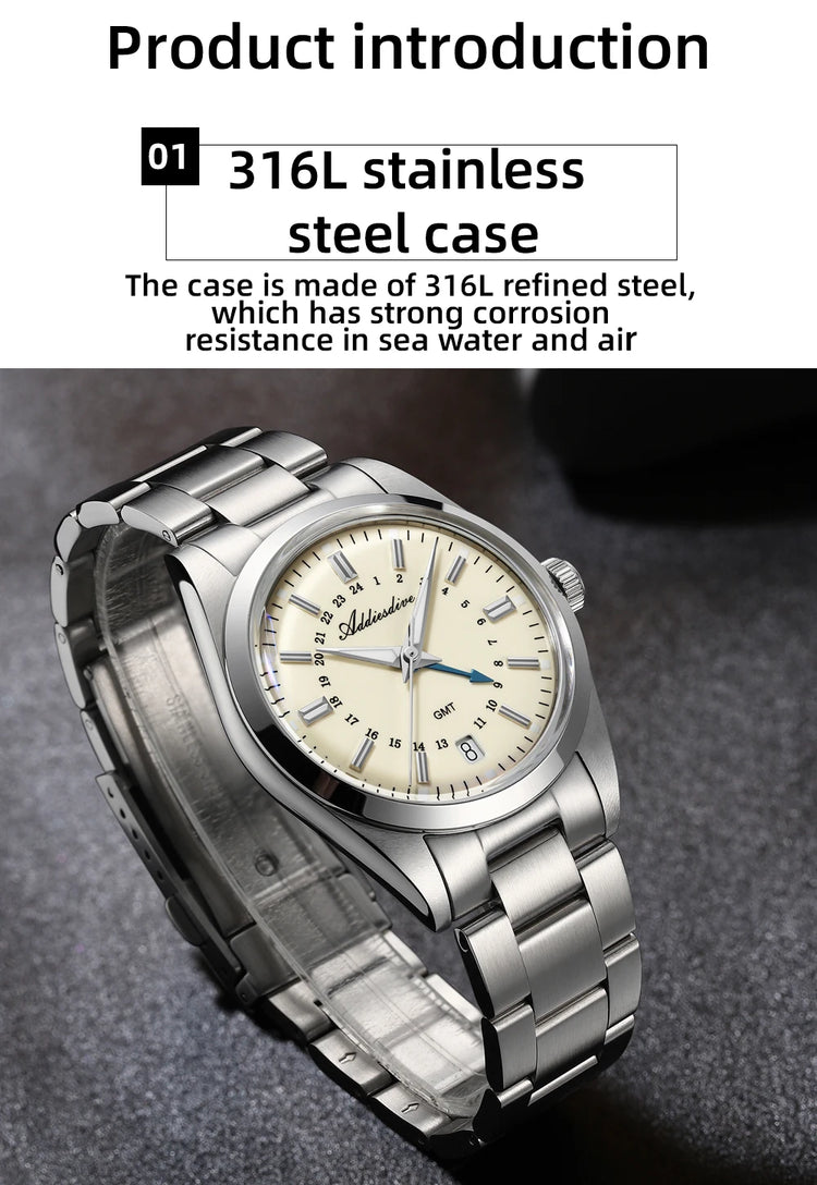 ADDIESDIVE 36mm Stainless Steel GMT Quartz Watch Bubble Mirror Pot Cover Glass 10ATM Dive Luminous Simple Watches For Men