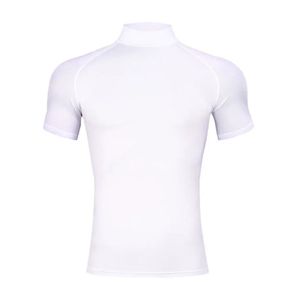 Mens Bodybuilding Sports Tight T-shirt Summer Compression Turtleneck Short Sleeve Gym Fitness Running Quick Dry Male Workout Top PlatiNum