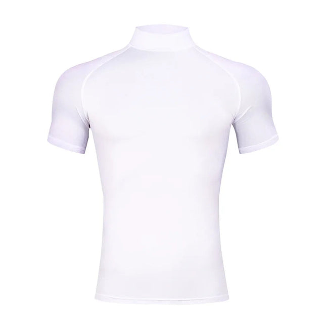 Mens Bodybuilding Sports Tight T-shirt Summer Compression Turtleneck Short Sleeve Gym Fitness Running Quick Dry Male Workout Top PlatiNum