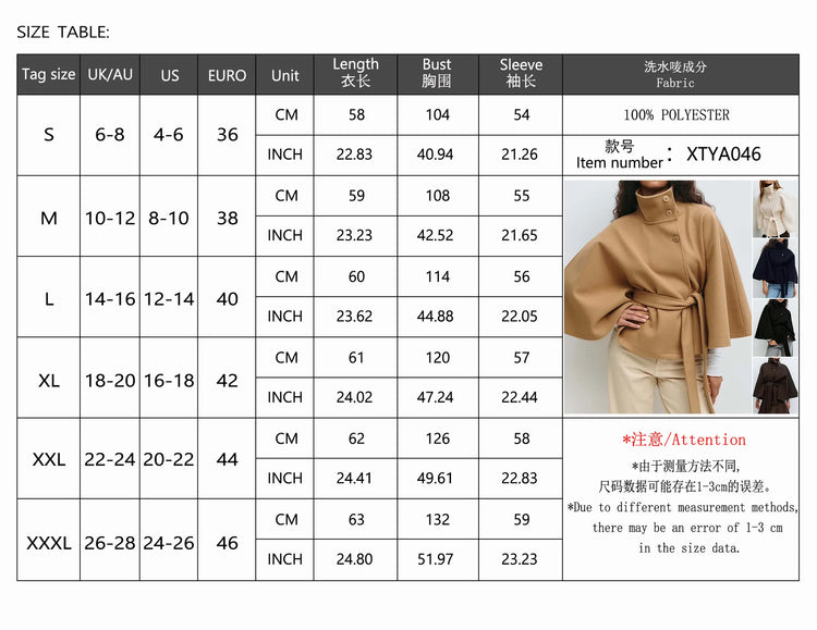 Women Lace Up High Neck Jackets for Women with Belt Elegant Windbreaker Faux Wool Blends Cape Korean Solid Windbreaker Cloak