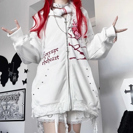 Original Print Subculture Dark Loose Cat Ear Distressed Hooded Sweatshirt Jacket Zip Up Hoodie Oversized Hoodie