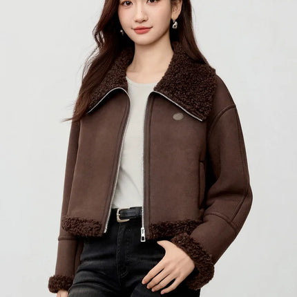 SENTUBILA Women's Faux Suede Coat Plush Lapel Zipper Faux Leather Cropped Jacket 2026 Winter Retro Ladies Outerwear W54PD5913