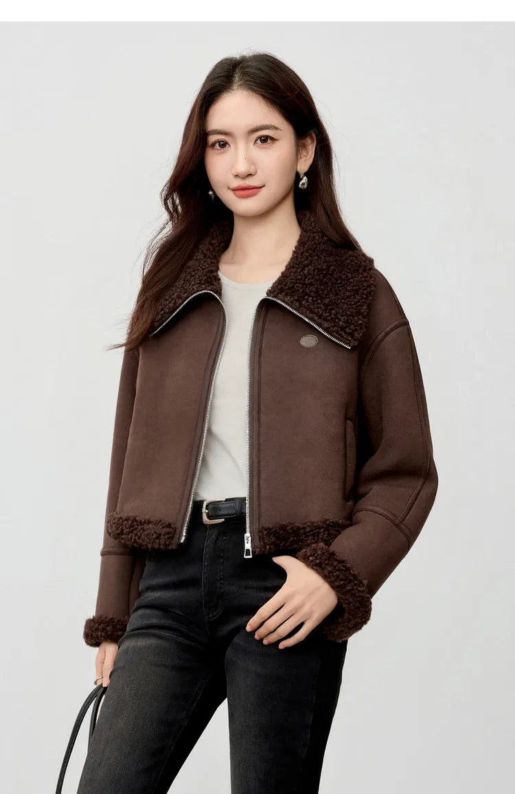 SENTUBILA Women's Faux Suede Coat Plush Lapel Zipper Faux Leather Cropped Jacket 2026 Winter Retro Ladies Outerwear W54PD5913