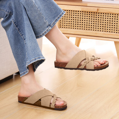 Eyriphy New Women Open Toe Leopard Slides With Adjustable Buckle Classic Flat Sandals Casual Cork Footbed Women's Slippers