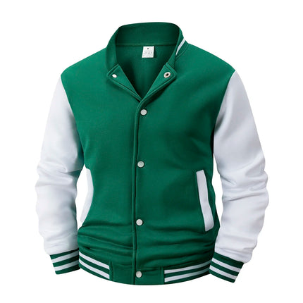 Men's Fleece-Lined Varsity Jacket Autumn Winter Warm Color Block Baseball Jacket Button Front & Striped Cuffs Retro Casual Coat