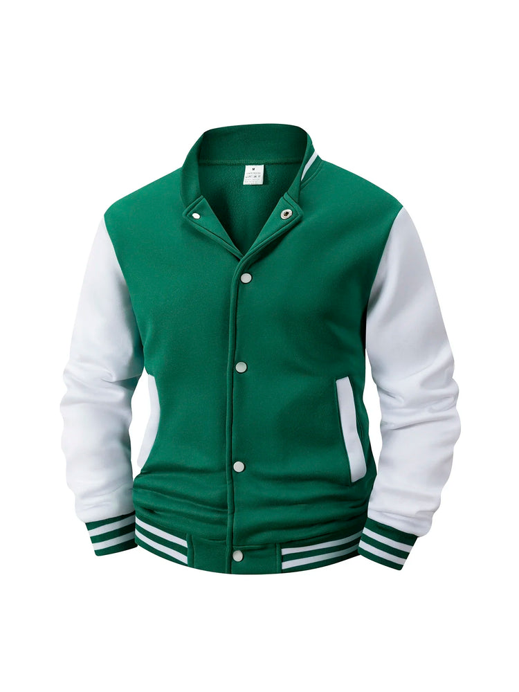 Men's Fleece-Lined Varsity Jacket Autumn Winter Warm Color Block Baseball Jacket Button Front & Striped Cuffs Retro Casual Coat