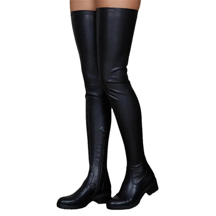 2025 Winter Over the Knee Women Boots European Platform Zipper Ladies Shoes Comfort Square High Heels Elastic Leather Long Boots PlatiNum