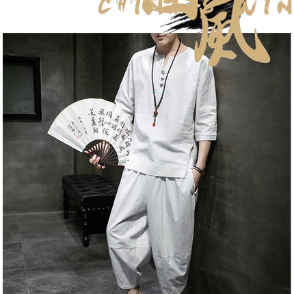 Stile giapponese due pezzi t-shirt pantaloni uomo uomo abiti Kimono maniche corte giappone Harajuku Yukata Cardigan Costume top pantaloni