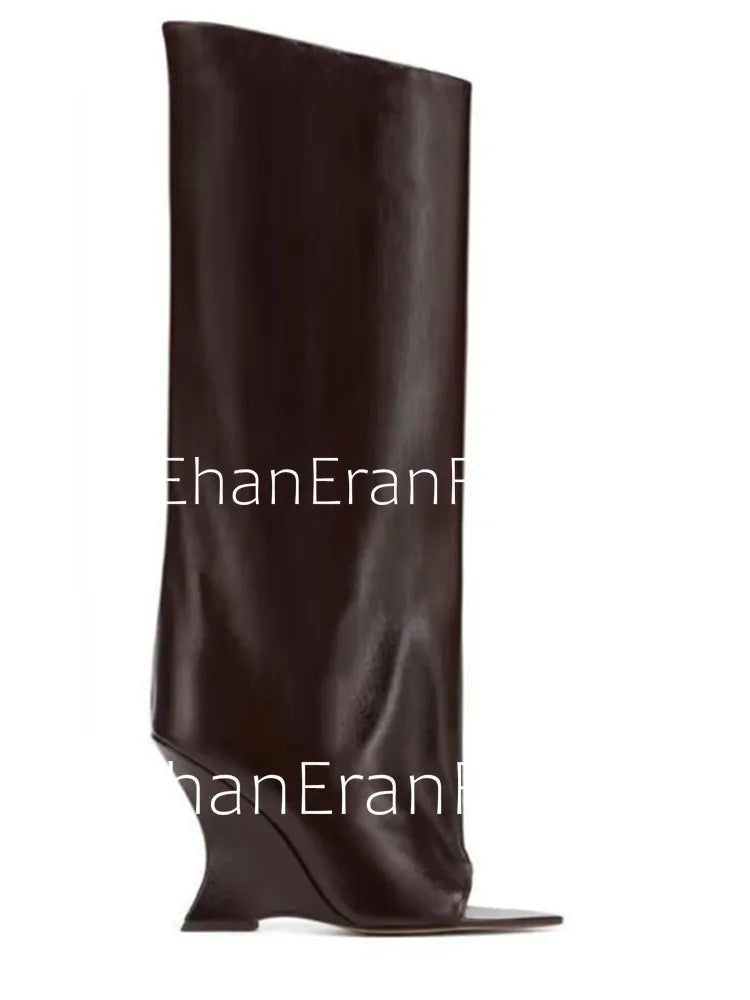 2025Ladies' Spring and Summer New Fish Mouth Slope High Heel Knee Boots, Fashionable Pointed Fashion Show Medium Cool Boots PlatiNum