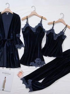 TOP Casual Velluto Abbigliamento per la casa 4 pezzi Set da notte Intimo Lingerie Pigiama da donna Completo a maniche lunghe in pizzo Velluto Homewear Pigiama set
