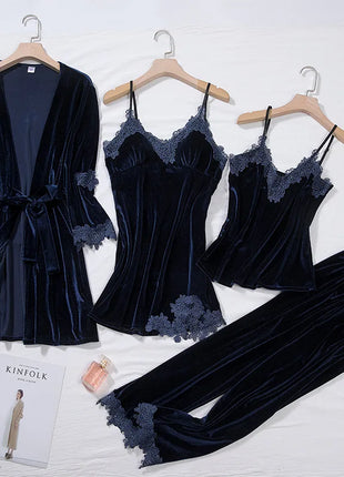 TOP Casual Velluto Abbigliamento per la casa 4 pezzi Set da notte Intimo Lingerie Pigiama da donna Completo a maniche lunghe in pizzo Velluto Homewear Pigiama set