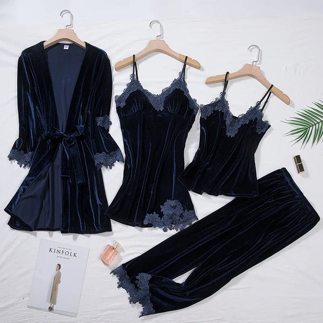 TOP Casual Velluto Abbigliamento per la casa 4 pezzi Set da notte Intimo Lingerie Pigiama da donna Completo a maniche lunghe in pizzo Velluto Homewear Pigiama set