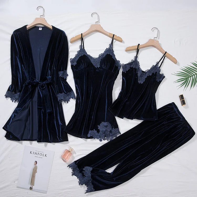 TOP Casual Velluto Abbigliamento per la casa 4 pezzi Set da notte Intimo Lingerie Pigiama da donna Completo a maniche lunghe in pizzo Velluto Homewear Pigiama set