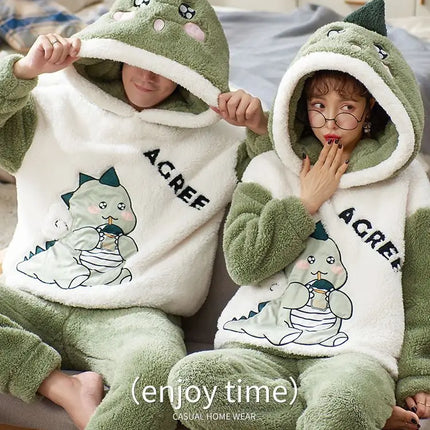 Couples Pajamas Women Men Winter Thicken Pyjamas Sleepwear Cartoon Dinosaur Korean Lovers Homewear Soft Warm Hoodies Pijama