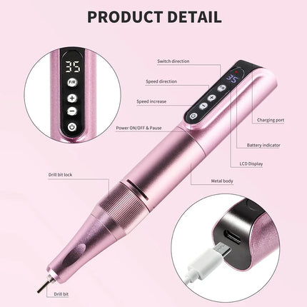 35000RPM Cordless Portable Nail Drill, Rechargeable Electric Nail File Manicure Pedicure Set, Professional Nail Art Tool for Gel Nails, Shaping Polishing for Home Salon & Nail Art Beginners