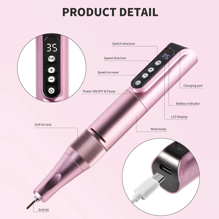 35000RPM Cordless Portable Nail Drill, Rechargeable Electric Nail File Manicure Pedicure Set, Professional Nail Art Tool for Gel Nails, Shaping Polishing for Home Salon & Nail Art Beginners