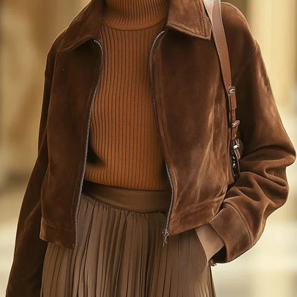Autumn and winter short suede jacket women's vintage leather down lapel slim jacket jacket women's