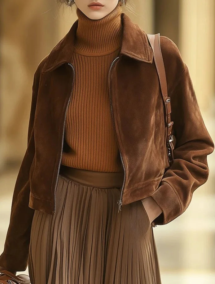 Autumn and winter short suede jacket women's vintage leather down lapel slim jacket jacket women's