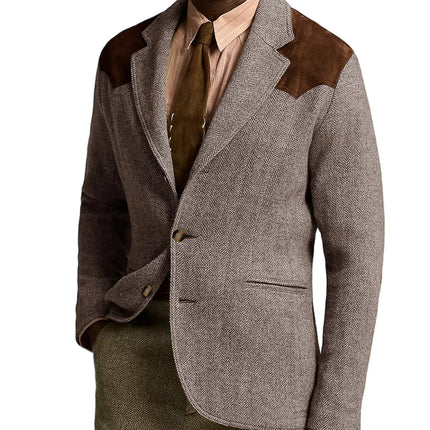 Herringbone Tweed Men's Blazer Jacket Wool Blend Suede Patch Shoulder Men's Sport Coat Business Casual Slim Fit For Oktoberfest