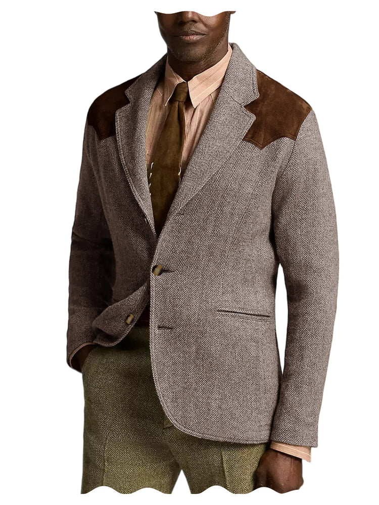 Herringbone Tweed Men's Blazer Jacket Wool Blend Suede Patch Shoulder Men's Sport Coat Business Casual Slim Fit For Oktoberfest