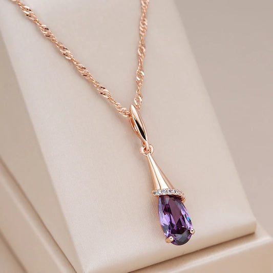 Kinel Fashion 585 Collana con ciondolo lungo color oro rosa per donna Goccia d'acqua Viola Zircone naturale Regalo di gioielli da indossare ogni giorno