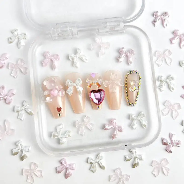 50pcs 3D Sweet Pearly Glossy Ribbon Bow Resin Nail Charms Ballerina Bow Tie Nail Art Decoration Nail Accessories Manicure DIY