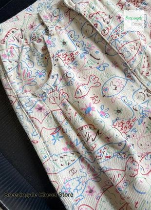 American ins graffiti jeans a fiori stampati completi da donna primavera ed estate nuovo design alla moda pantaloni larghi a vita alta