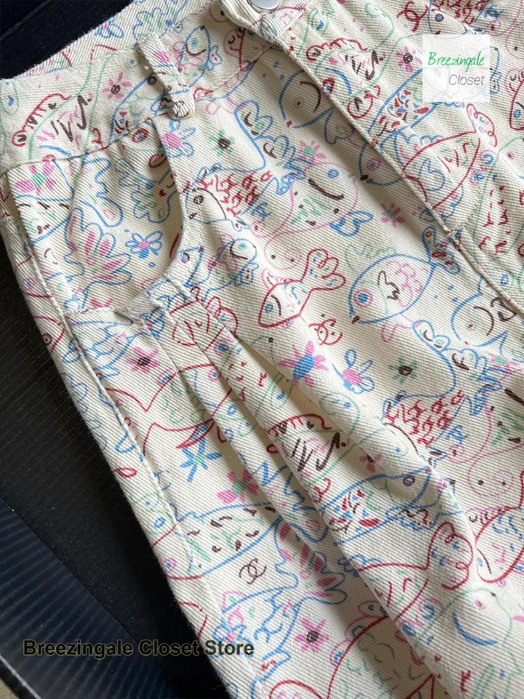 American ins graffiti jeans a fiori stampati completi da donna primavera ed estate nuovo design alla moda pantaloni larghi a vita alta
