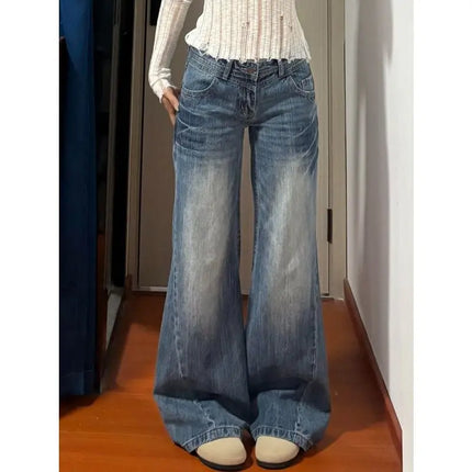 Nuovi jeans lavati a vita bassa taglienti vintage americani da donna Pantaloni in denim versatili con gamba larga svasata e lunghezza fino al pavimento