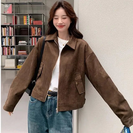 Retro Style Women's Short Suede Jacket Coffee Color Korean Style Autumn Coat Zipper Pocket Polyester Fiber Windproof