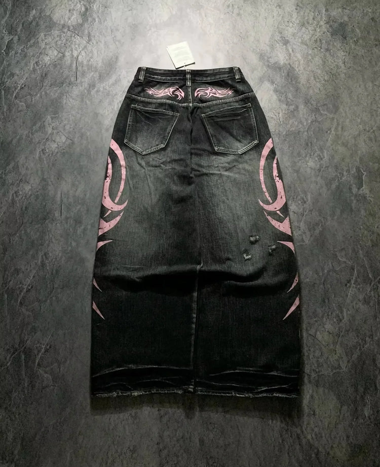 Y2K Street Retro Jeans Donna Pantaloni larghi con stampa totem screziati Moda Hip Hop Trend Coppia allentata Pantaloni larghi a gamba larga dritti americani
