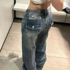 Jeans Baggy Y2K da Donna a Vita Bassa, Gamba Larga, in Denim Lavato Vintage, Pantaloni Larghi Streetwear con Dettaglio Unico Tasca Posteriore