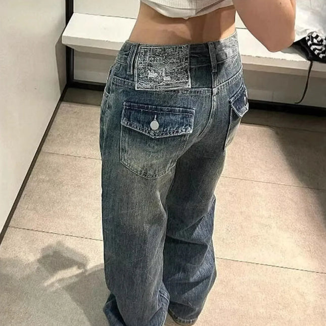 Jeans Baggy Y2K da Donna a Vita Bassa, Gamba Larga, in Denim Lavato Vintage, Pantaloni Larghi Streetwear con Dettaglio Unico Tasca Posteriore