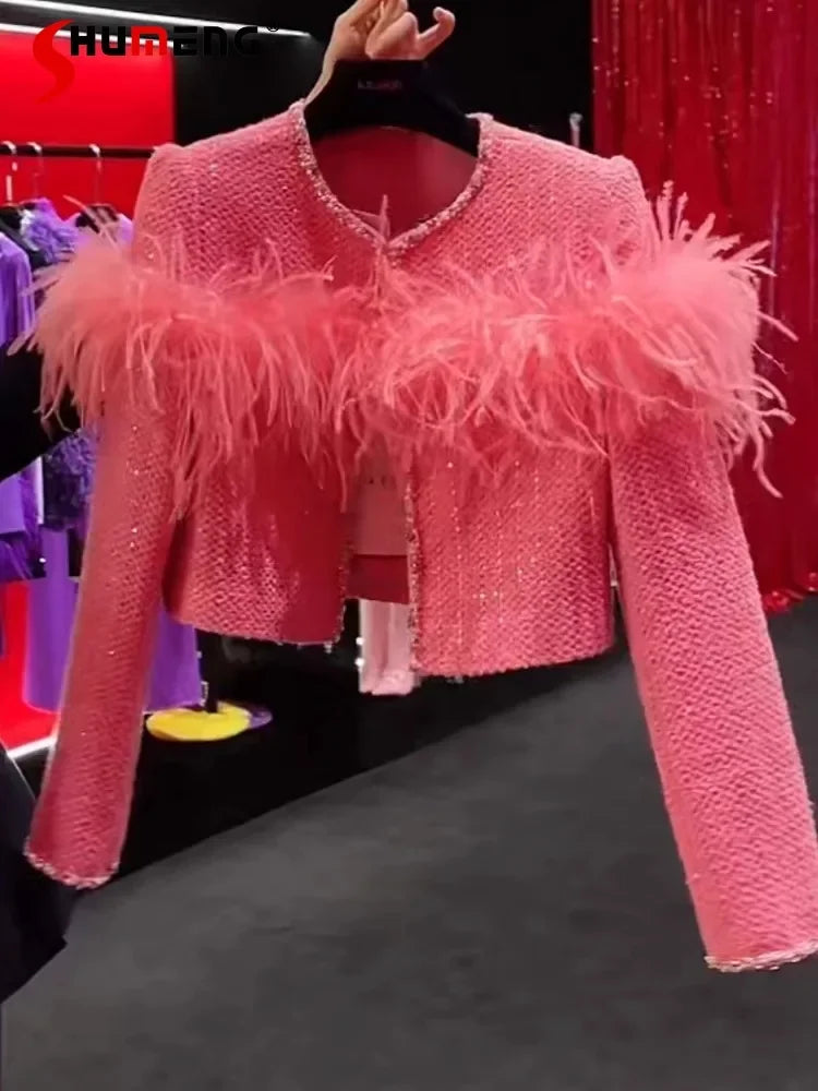 2024 Autumn Winter New Jackets Feminine Small Fragrant Short Coats Women's Feather Splicing Long Sleeve Solid Color Short Tops