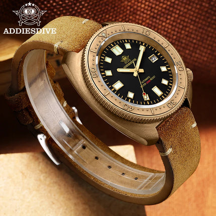 ADDIESDIVE CUSN8 Bronze Watch Men Automatic Wristwatch Calendar Sapphire Glass Luminous 20Bar Waterproof Diving Mechanical Watch