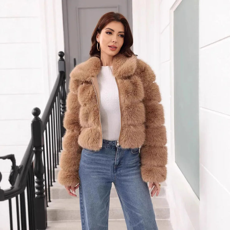 ZADORIN 2025 Chic Winter Fur Coats Woman Spliced Cropped Fluffy Faux Fur Jacket Woman Lapel Zipper Fox Fur Faux Coat Y2K Clothes