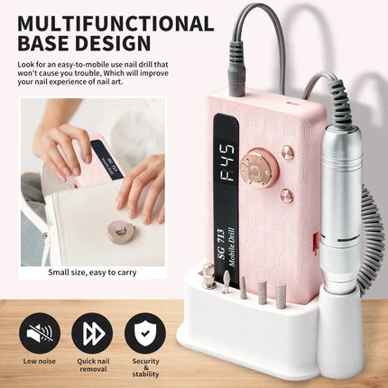 Electric Nail Drill - 45000RPM Portable Nail Drill-Rechargeable Nail E-File Kit With 6 Bits & Base-LED Screen-Ultra-Silent